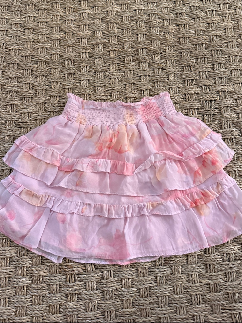 LoveShackFancy Pink Tiered Ruffle Skirt with Watercolor Accents